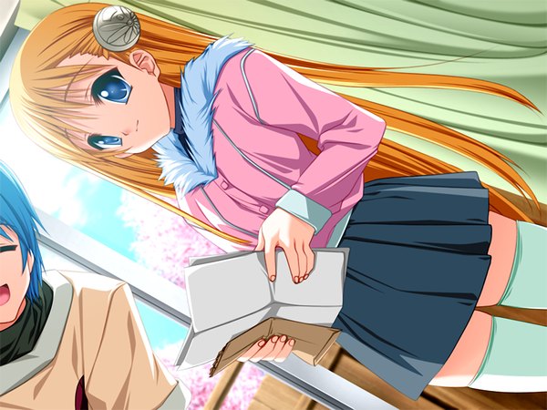 Anime picture 1200x900 with hidamari (game) long hair blue eyes blonde hair game cg girl thighhighs skirt miniskirt white thighhighs