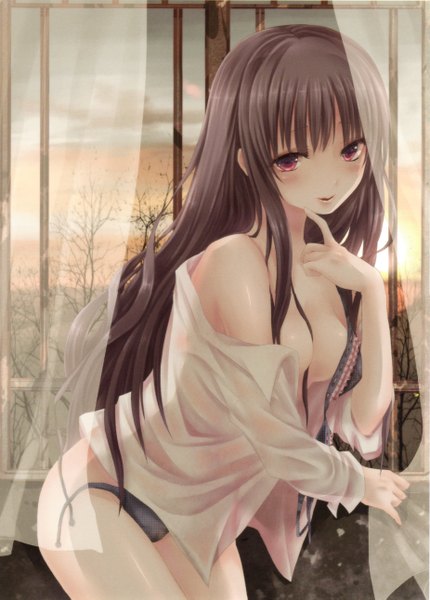 Anime picture 3701x5162 with yoiko no moecco! - long black hair only original sakiru (artist) single long hair tall image blush highres breasts open mouth light erotic brown hair bare shoulders absurdres pink eyes scan open clothes open shirt girl underwear