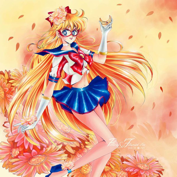 Anime picture 945x945 with bishoujo senshi sailor moon toei animation aino minako sailor venus pillara single long hair looking at viewer blush fringe blue eyes simple background blonde hair hair between eyes holding signed bent knee (knees) pleated skirt arm up hair flower