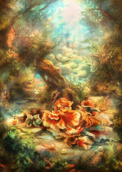Anime picture 1061x1500 with original sui (petit comet) long hair tall image brown eyes orange hair underwater girl plant (plants) sword tree (trees) water katana fish (fishes) lantern pearls