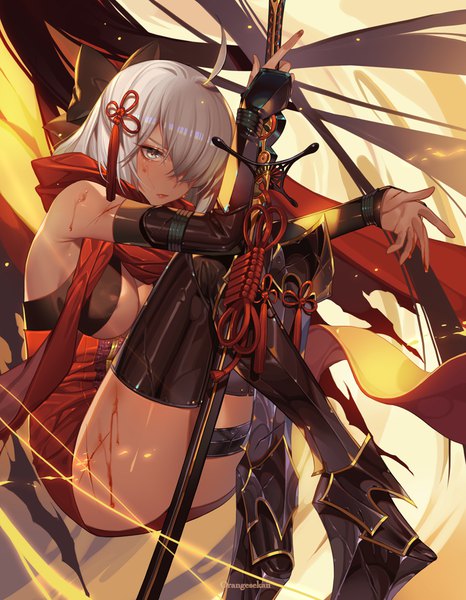 Anime picture 901x1159 with fate (series) fate/grand order okita souji (fate) (all) okita souji alter (fate) orange sekaii single long hair tall image looking at viewer blush fringe breasts light erotic sitting bare shoulders holding silver hair full body ahoge bent knee (knees)