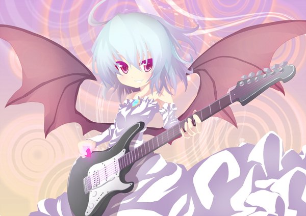 Anime picture 1412x1000 with touhou remilia scarlet cicin (artist) short hair bare shoulders ahoge white hair pink eyes girl dress wings musical instrument guitar