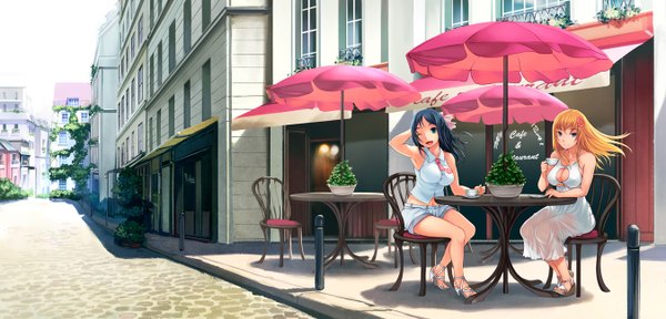 Anime picture 1350x650 with bosshi black hair blonde hair wide image multiple girls green eyes city street girl 2 girls umbrella table cup
