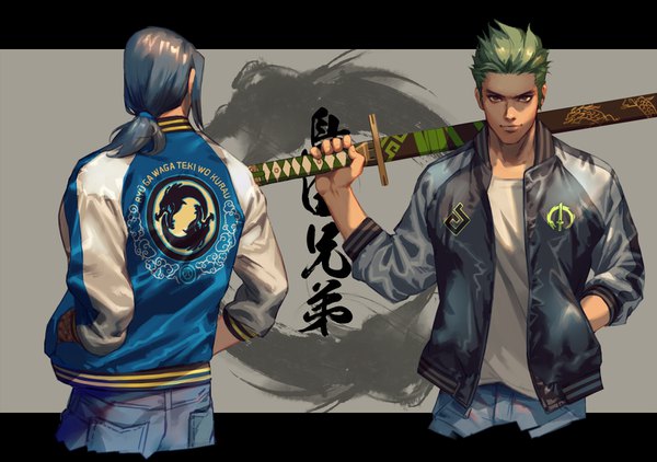 Anime picture 1600x1126 with overwatch blizzard entertainment hanzo (overwatch) genji (overwatch) hage2013 long hair looking at viewer short hair holding brown eyes upper body ponytail green hair grey hair from behind realistic inscription open jacket multiple boys alternate costume