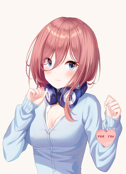 Anime picture 2408x3299 with go-toubun no hanayome nakano miku niji (rudduf232) single long hair tall image looking at viewer blush fringe highres breasts blue eyes simple background hair between eyes large breasts holding cleavage upper body red hair grey background