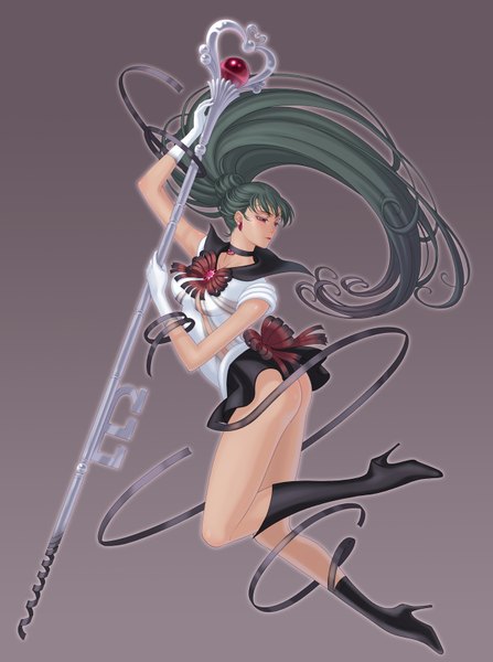 Anime picture 1246x1670 with bishoujo senshi sailor moon toei animation meiou setsuna sailor pluto eclosion single long hair tall image light erotic red eyes looking away ass green hair grey background girl skirt gloves miniskirt boots staff