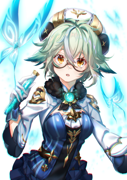 Anime picture 744x1052 with genshin impact crystalfly (genshin impact) sucrose (genshin impact) mikaxruno single tall image fringe short hair open mouth hair between eyes white background holding yellow eyes upper body green hair :o fur trim girl hat wings