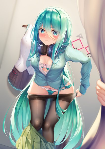 Anime picture 1400x1980 with go-toubun no hanayome vocaloid hatsune miku nakano miku meion tall image looking at viewer blush fringe breasts light erotic hair between eyes standing cleavage bent knee (knees) indoors long sleeves very long hair pleated skirt aqua eyes