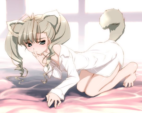 Anime picture 1280x1024 with kokoro navi aino pekonen light erotic animal ears tail naked shirt
