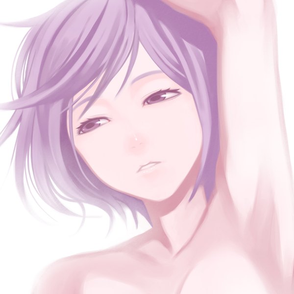 Anime picture 2000x2000 with suzumiya haruhi no yuutsu kyoto animation nagato yuki hamada youho single highres short hair open mouth simple background white background purple eyes bare shoulders purple hair arms up armpit (armpits) face girl