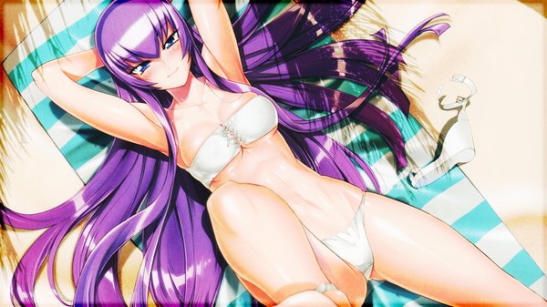 Anime picture 1920x1080 with highschool of the dead madhouse busujima saeko dr-erich single long hair blush highres blue eyes light erotic smile wide image purple hair lying armpit (armpits) arms behind head tan girl swimsuit bikini