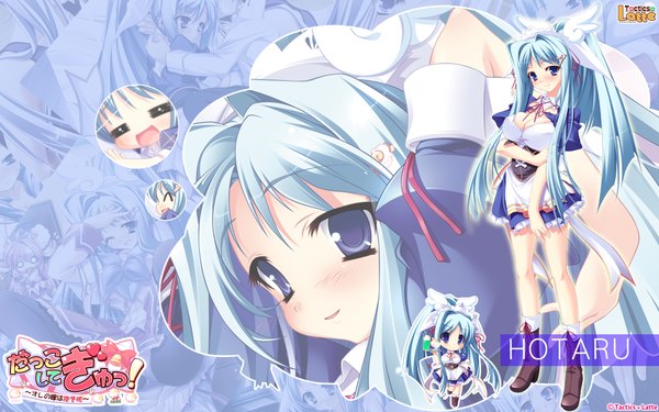 Anime picture 1920x1200 with dakkoshite gyu! hotaru single long hair blush highres blue eyes wide image blue hair chibi girl skirt hair ornament miniskirt boots