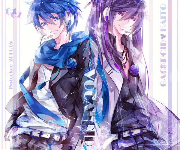 Anime picture 1200x1002 with vocaloid kaito (vocaloid) kamui gakupo instockee long hair short hair blue eyes smile purple eyes blue hair purple hair ponytail inscription hand in pocket boy flower (flowers) shirt belt headphones scarf