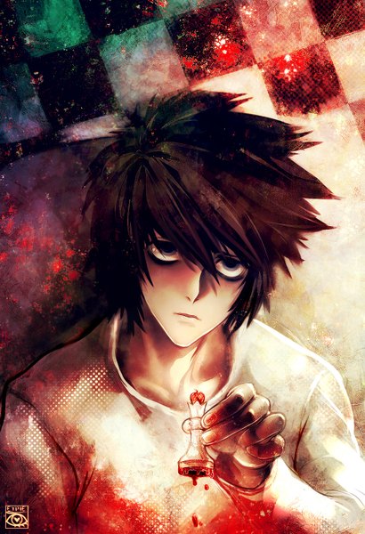Anime picture 1090x1595 with death note madhouse l (death note) e-x-p-i-e single tall image looking at viewer short hair black hair holding black eyes checkered checkered background boy blood chess