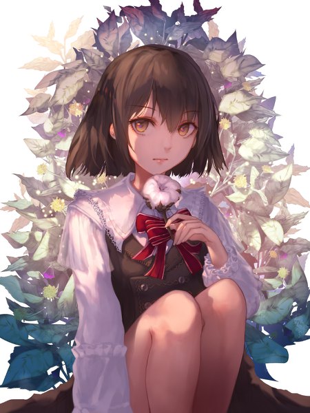 Anime picture 900x1200 with original jname single tall image looking at viewer fringe short hair hair between eyes brown hair sitting holding brown eyes arm support bare legs shaded face backlighting girl dress flower (flowers) bowtie