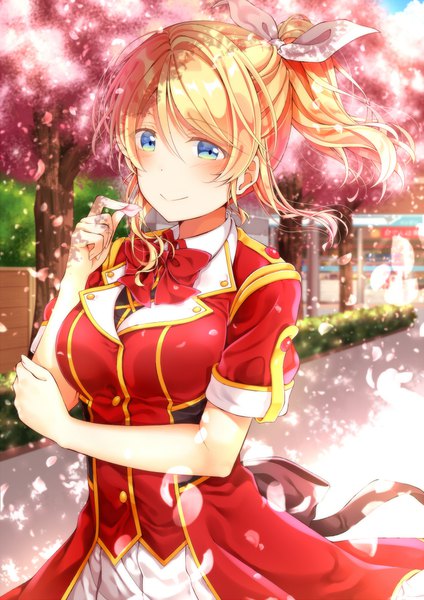 Anime picture 707x1000 with love live! school idol project sunrise (studio) love live! ayase eli mog (artist) single long hair tall image blush blue eyes blonde hair smile outdoors ponytail wind cherry blossoms girl bow hair bow petals