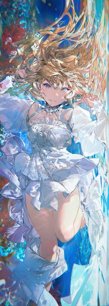Anime picture 708x1980 with original taiki (luster) single long hair tall image looking at viewer fringe blue eyes blonde hair smile hair between eyes underwater sideways girl dress white dress bubble (bubbles)