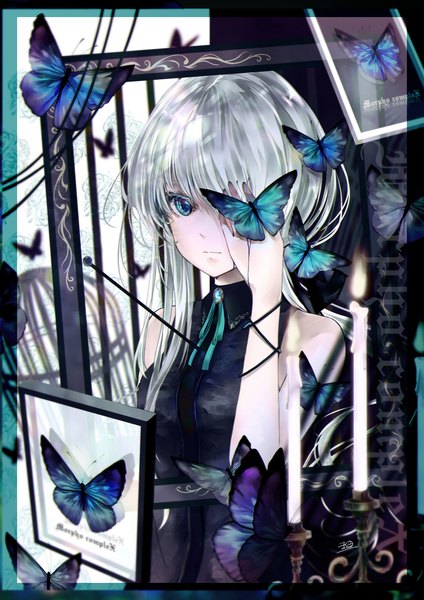 Anime picture 2480x3508 with original sanamisa single long hair tall image looking at viewer fringe highres breasts blue eyes signed silver hair upper body aqua eyes blurry sleeveless floral print covering eye (eyes) butterfly on hand empty picture frame