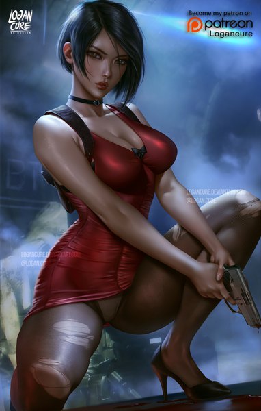 イラスト 1500x2355 と バイオハザード ada wong logan cure ソロ 長身像 カメラ目線 前髪 短い髪 おっぱい light erotic 黒髪 大きな乳房 肩出し holding signed 黄色眼 cleavage bent knee (knees) parted lips blurry