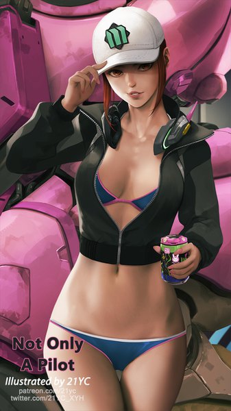 Anime picture 720x1280 with overwatch blizzard entertainment d.va (overwatch) meka (overwatch) shooting star d.va 21yc (september breeze) single tall image looking at viewer short hair breasts light erotic brown hair standing holding brown eyes signed cleavage parted lips bare belly