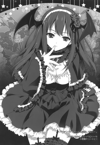 Anime picture 1669x2412 with idolmaster idolmaster cinderella girls shibuya rin carnelian single long hair tall image looking at viewer fringe cleavage parted lips fingernails finger to mouth monochrome demon girl arm behind back bat wings lolita fashion head wings goth-loli