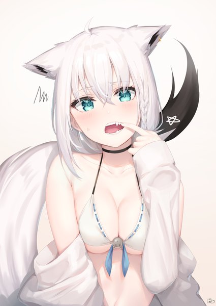 Anime picture 1200x1694 with virtual youtuber hololive shirakami fubuki reinama single long hair tall image blush fringe breasts light erotic simple background hair between eyes large breasts signed animal ears payot upper body white hair tail
