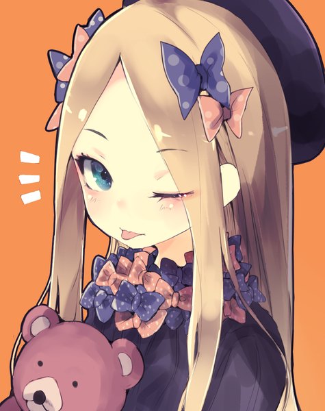 Anime picture 950x1200 with fate (series) fate/grand order abigail williams (fate) shiabisu single long hair tall image looking at viewer blush blonde hair simple background holding upper body one eye closed aqua eyes wink portrait :p orange background girl