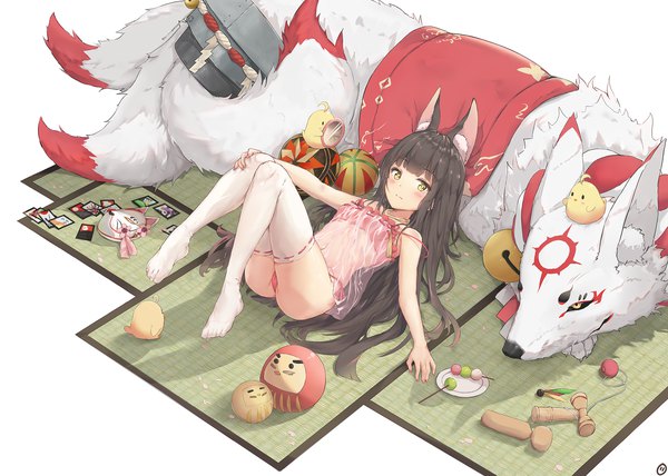 Anime picture 1799x1285 with azur lane manjuu (azur lane) nagato (azur lane) nagato (great fox's sleepwear) (azur lane) envyvanity single long hair looking at viewer blush fringe highres light erotic black hair bare shoulders animal ears yellow eyes ass tail lying blunt bangs