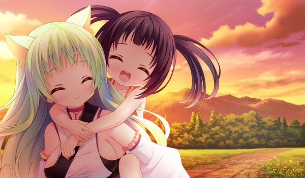 Anime picture 1024x600 with koisuru doll to omoi no kiseki komakuri amane shuri (koisuru doll to omoi no kiseki) long hair blush open mouth black hair wide image twintails multiple girls game cg sky cloud (clouds) eyes closed green hair loli evening sunset girl dress