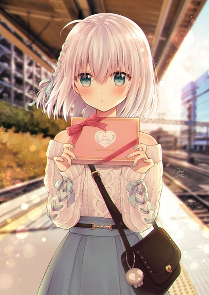 Anime picture 1100x1553 with original sato ame single tall image looking at viewer blush fringe short hair hair between eyes holding signed silver hair ahoge outdoors braid (braids) nail polish aqua eyes side braid valentine girl