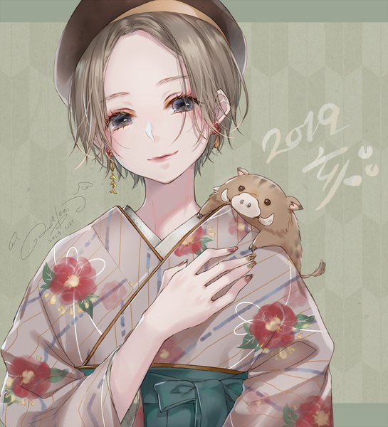 Anime picture 1000x1100 with original ao+beni single tall image looking at viewer blush short hair simple background smile brown hair standing signed upper body nail polish traditional clothes head tilt japanese clothes fingernails black eyes floral print