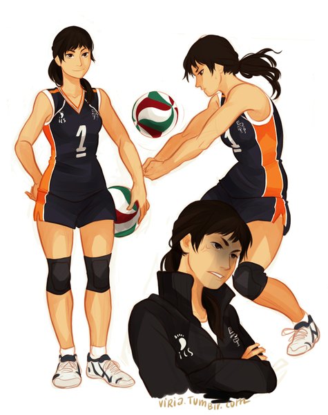 Anime picture 1280x1616 with haikyuu!! production i.g sawamura daichi viria13 long hair tall image black hair simple background smile white background holding brown eyes bent knee (knees) ponytail profile hand on hip crossed arms angry genderswap multiple persona