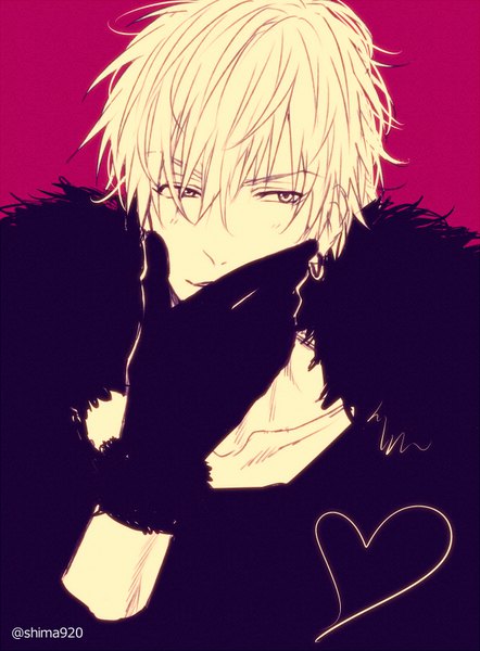 Anime picture 600x813 with kuroko no basket production i.g kise ryouta mashima shima single tall image fringe short hair simple background hair between eyes signed piercing monochrome ear piercing pink background covered mouth boy gloves heart