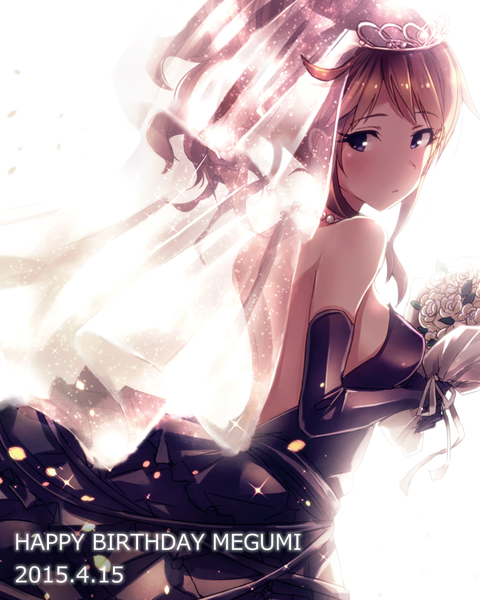 Anime picture 765x956 with idolmaster idolmaster million live! tokoro megumi ima (lm ew) single long hair tall image blush simple background brown hair white background bare shoulders looking back from behind girl dress flower (flowers) black dress rose (roses) necklace