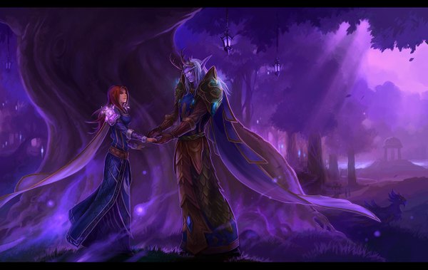 Anime picture 1250x790 with world of warcraft blizzard entertainment sandara long hair silver hair red hair horn (horns) pointy ears holding hands demon boy girl dress boy plant (plants) tree (trees) lantern monster