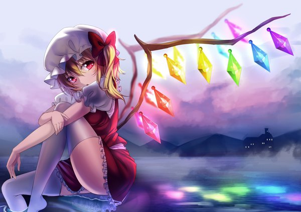 Anime picture 2376x1675 with touhou flandre scarlet koissa looking at viewer fringe highres short hair light erotic blonde hair hair between eyes red eyes sitting cloud (clouds) parted lips :o puffy sleeves one side up reflection vampire soaking feet