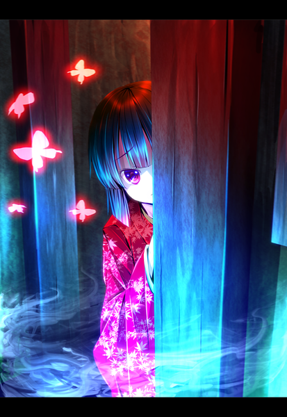 Anime picture 1000x1450 with fatal frame 2 tachibana chitose ryosios tall image looking at viewer short hair black hair red eyes traditional clothes japanese clothes letterboxed peep girl kimono insect butterfly