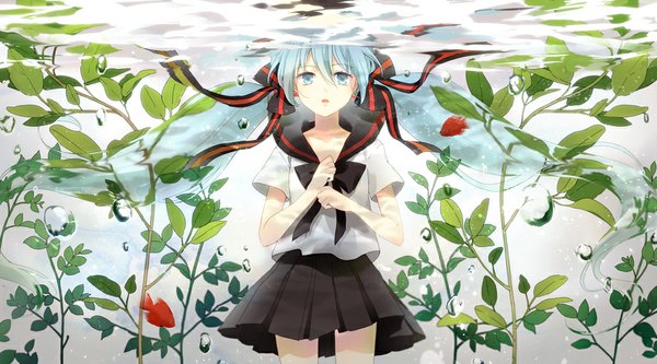 Anime picture 1000x556 with vocaloid hatsune miku bottle miku retei long hair blue eyes wide image twintails aqua hair liquid hair girl skirt underwear ribbon (ribbons) hair ribbon miniskirt serafuku fish (fishes)