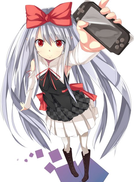 Anime picture 2000x2700 with original ban (bannyata) single long hair tall image looking at viewer highres simple background smile red eyes white background twintails grey hair girl dress bow hair bow detached sleeves boots psp