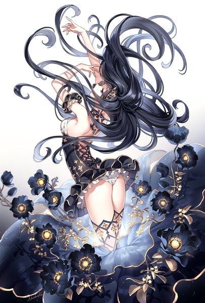 Anime picture 1016x1500 with original nardack single long hair tall image fringe blue eyes light erotic black hair simple background standing signed profile from behind arms up looking up girl dress flower (flowers) short dress