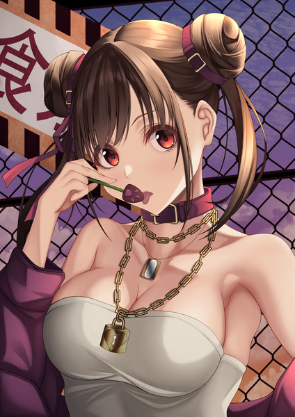 Anime-Bild 2894x4093 mit idolmaster idolmaster shiny colors sonoda chiyoko kazushisummer single tall image looking at viewer highres short hair breasts light erotic red eyes brown hair large breasts cleavage upper body sleeveless against fence girl food