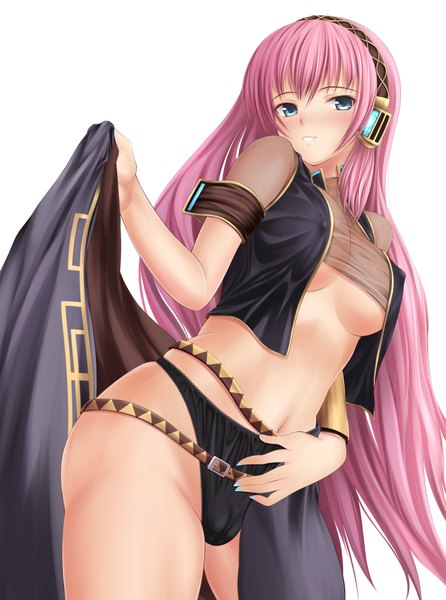 Anime picture 3010x4053 with vocaloid megurine luka single long hair tall image blush highres breasts blue eyes light erotic simple background white background pink hair absurdres midriff girl navel underwear panties headphones