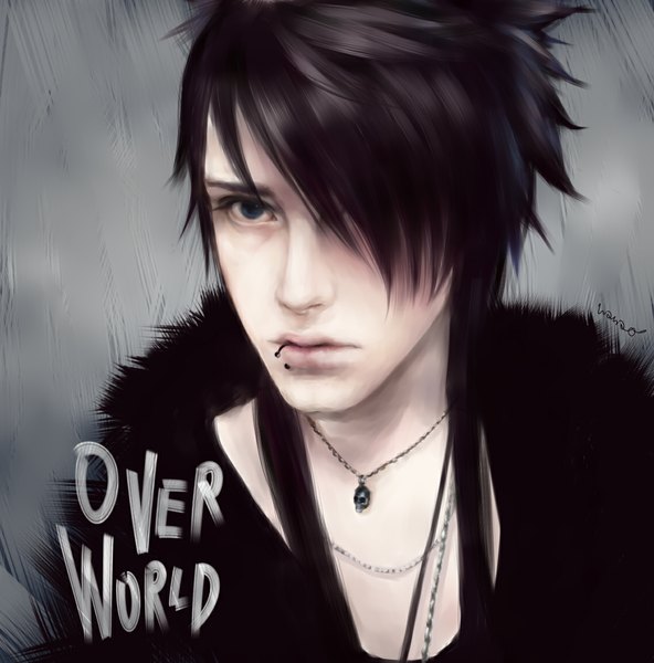 Anime picture 1135x1151 with original nanao (artist) single long hair tall image fringe brown hair signed aqua eyes hair over one eye realistic inscription grey background piercing lip piercing boy pendant fur chain jewelry