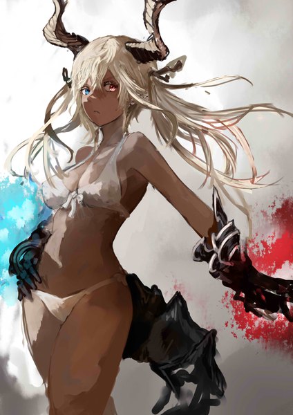 Anime picture 2480x3507 with original hoshino shun single long hair tall image fringe highres breasts blue eyes light erotic simple background blonde hair hair between eyes red eyes twintails horn (horns) hand on hip heterochromia dark skin girl