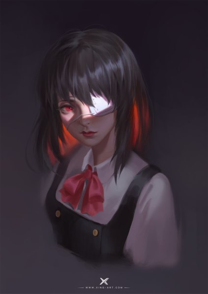 Anime picture 1920x2715 with another p.a. works misaki mei starlab single tall image fringe highres short hair black hair simple background hair between eyes red eyes lipstick black background portrait red lipstick girl uniform school uniform
