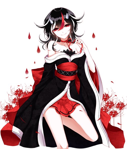 Anime picture 2800x3300 with touhou kijin seija sheya single long hair tall image looking at viewer fringe highres black hair hair between eyes white background bare shoulders traditional clothes head tilt japanese clothes pleated skirt multicolored hair horn (horns) off shoulder