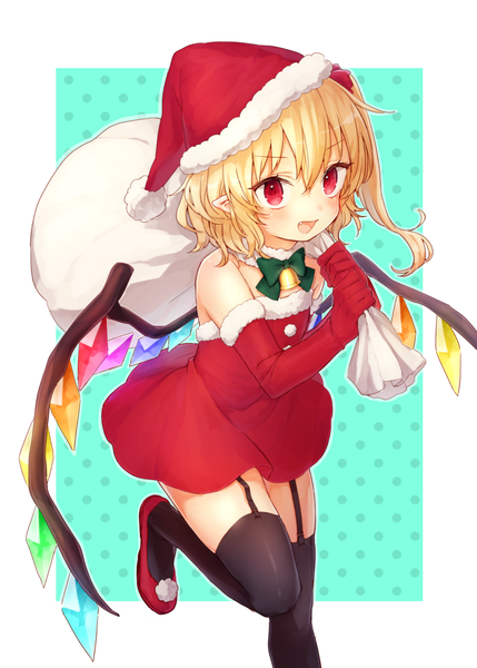 Anime picture 1087x1520 with touhou flandre scarlet honotai single tall image looking at viewer blush fringe short hair open mouth simple background blonde hair hair between eyes red eyes standing holding pointy ears fang (fangs) fur trim side ponytail