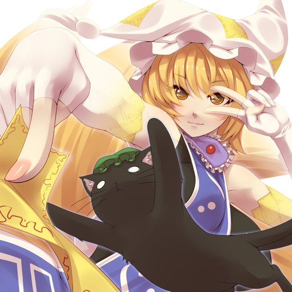 Anime picture 2000x2000 with touhou yakumo ran chen tro highres blonde hair yellow eyes victory girl gloves hat animal fingerless gloves cat