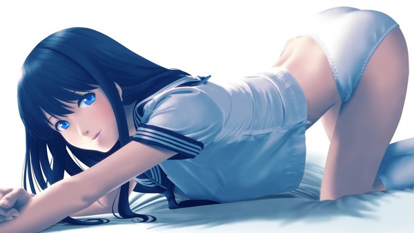 Anime picture 1920x1080 with original tora tsugumi single long hair looking at viewer blush fringe highres blue eyes light erotic black hair simple background hair between eyes wide image white background payot fingernails shadow wallpaper on all fours