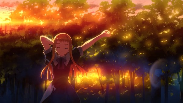 Anime picture 3840x2160 with original yuuki tatsuya single long hair highres blonde hair wide image absurdres outdoors eyes closed scan wallpaper lens flare evening sunset stretch girl skirt uniform plant (plants)